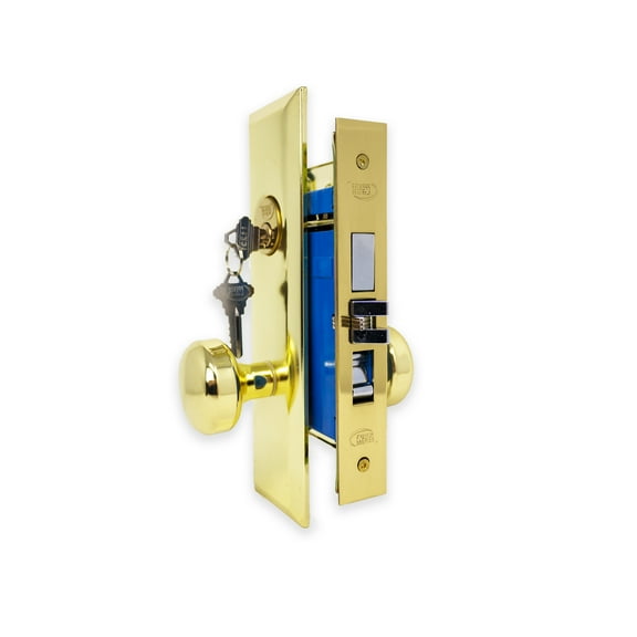 Mortise Keyed Lockset - Left Hand - Polished Brass US3 Finish - 2-3/4" Backset - 2 SC1 Keys - Wide Faceplate, Hex Latch