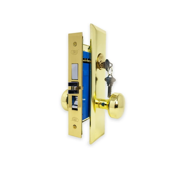 Mortise Keyed Lockset - Right Hand - Polished Brass US3 Finish - 2-3/4" Backset - 2 SC1 Keys - Wide Faceplate, Hex Latch