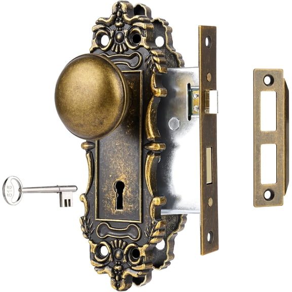 Mortise Lock Set for Interior Door, Antique Brass Door Knob with Lock and Skeleton Key, Antique Old Style Door Knob Lock Replacement, Vintage Mortise Door Knobs for Interior Doors