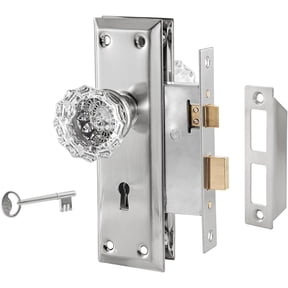 Mortise Lock Set for Interior Door with Crystal Glass Door Knobs | Brushed Nickel, Vintage Door Knobs with Lock and Antique Skeleton Key Replacement Old Style Door, 2-3/8" Backset