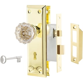 Mortise Lock Set for Interior Door with Crystal Glass Door Knobs | Polished Gold, Vintage Door Knobs with Lock and Antique Skeleton Key Replacement Old Style Door, 2-3/8" Backset