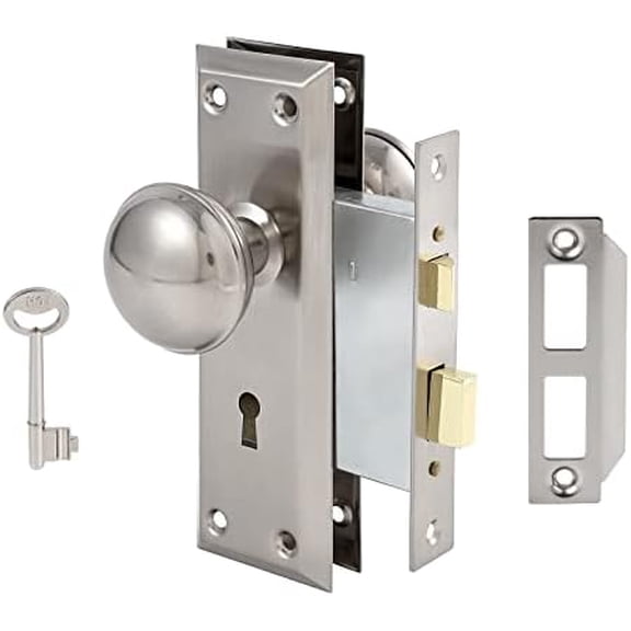 Mortise Lock Set for Interior Door, Vintage Antique Door Knobs with Lock and Skeleton Key, Old Door Knob Replacement Fits 1-3/8 in 1-3/4 in, Brushed Satin Nickel Finish