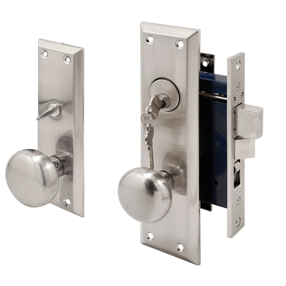 Round Door Knobs on Rectangular Backplate Lock Set - Polished