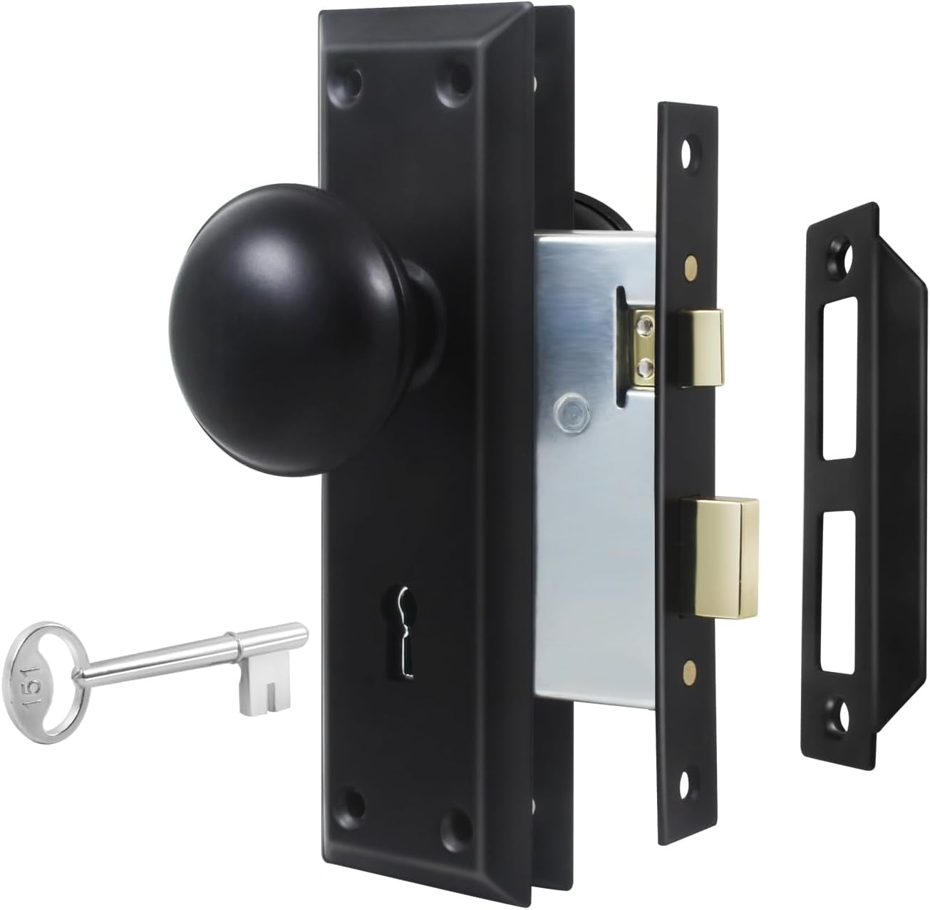 Serrure à Mortaise Vintage Avec Poignée Et Clé Squelette - Neuf, Finition Nickel Brossé, Pour Porte Intérieure