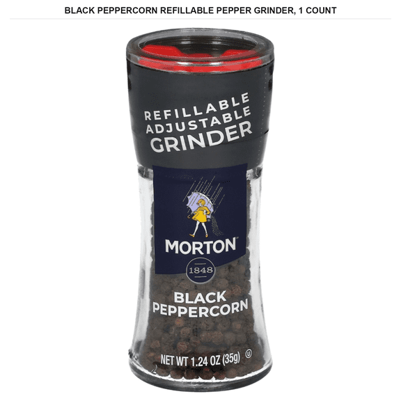 Morton Black Peppercorn Refillable Pepper Grinder, 1.24 oz
