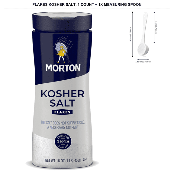 Morton Flakes Kosher Salt, 16 oz with 1x Measuring Spoon