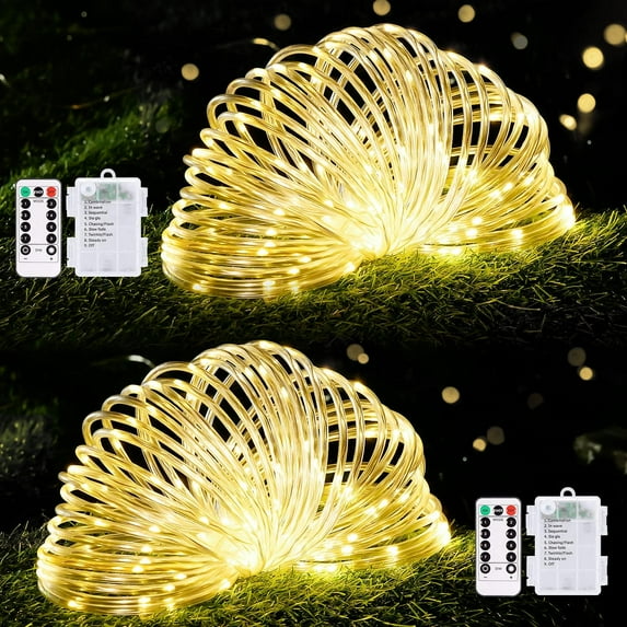 Morttic 100 LED Rope Lights Battery Operated, Battery Rope Lights Outdoor Waterproof with Remote, 33Ft Battery Powered White String Lights for Camping Tent Pool Garden Decorations (2 Pack)