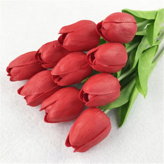 Morttic 10Pcs Tulip Bouquet Silk Artificial Flowers Home Office Wedding Decor, Red