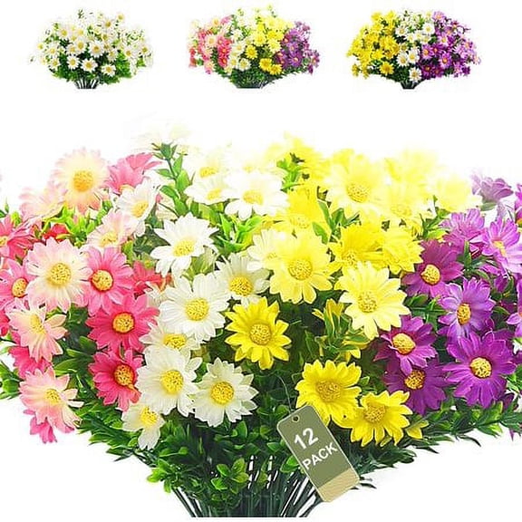 Morttic 12 Bundles Artificial Daisies Flowers Outdoor Fake Plants White Gerber Daisy Fake Foliage Greenery Faux Plants for Graves Hanging Outside Planter Window Box Wedding Decoration