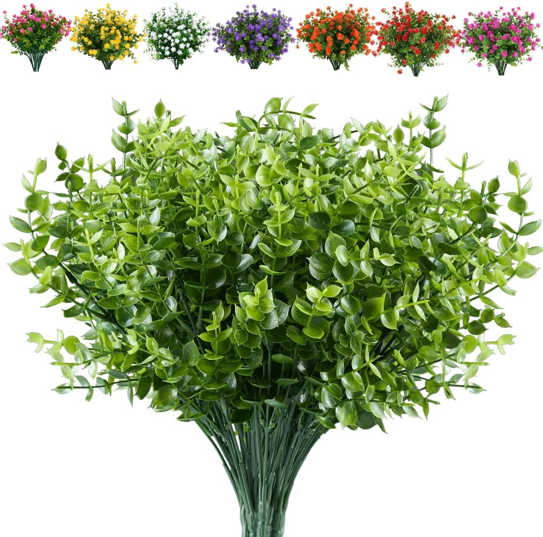 Morttic 12 Bundles Artificial Eucalyptus Plant Fake Boxwood Shrubs UV Resistant No Fade Faux Greenery for Home Garden Hanging Planter Indoor Porch Patio Office Wedding Decoration(Green)