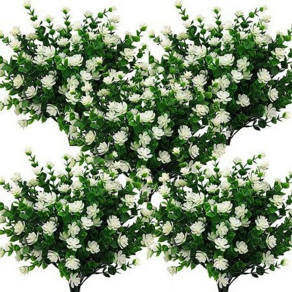 Morttic 12 Bundles Artificial Fake Flowers, Faux Outdoor Plastic Plants UV Resistant Shrubs Outside Indoor Decorations (White)