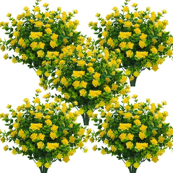 Morttic 12 Bundles Artificial Fake Flowers, Faux Outdoor Plastic Plants UV Resistant Shrubs Outside Indoor Decorations (Yellow)