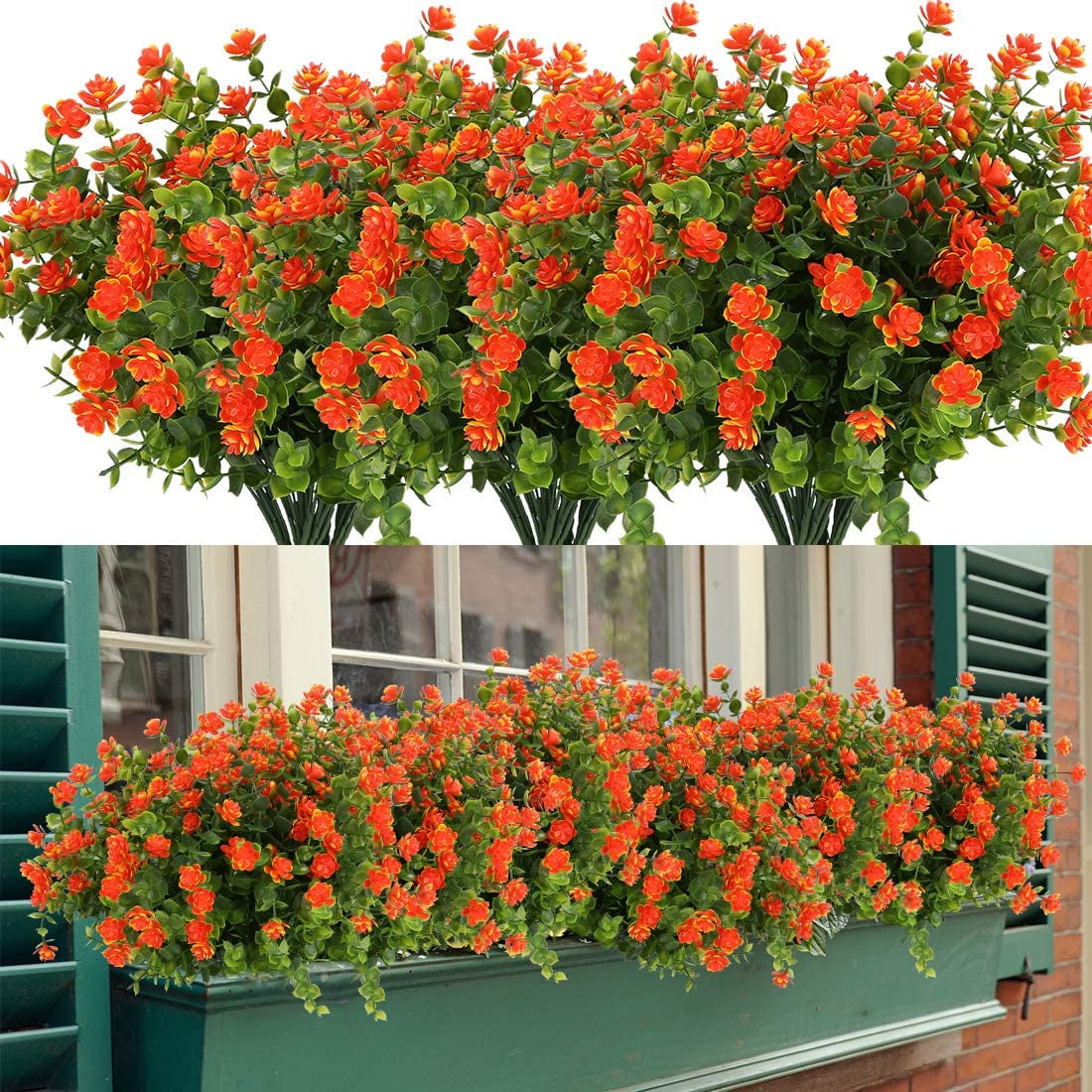 Morttic 12 Bundles Artificial Flowers, Fake Artificial Greenery UV Resistant No Fade Faux Plastic Plants for Wedding Bridle Bouquet Indoor Outdoor Home Garden Kitchen Office Table Vase(Orange Red)