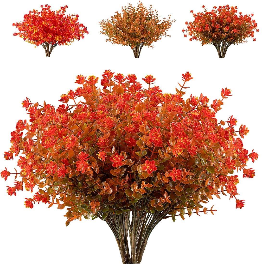 Morttic 12 Bundles Artificial Flowers Fake Boxwood Shrubs UV Resistant No Fade Faux Greenery Faux Plastic Lotus for Home Garden Hanging Planter Indoor Porch Patio Office Wedding Decoration(Orange)