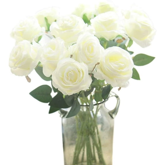 Morttic 12PCS Artificial Silk Flowers Realistic Roses Bouquet Long Stem for Home Wedding Decoration Party (White)