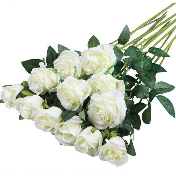 Morttic 12PCS Artificial Silk Flowers Realistic Roses, Bouquet Long Stem for Home Wedding Party Decoration (White)