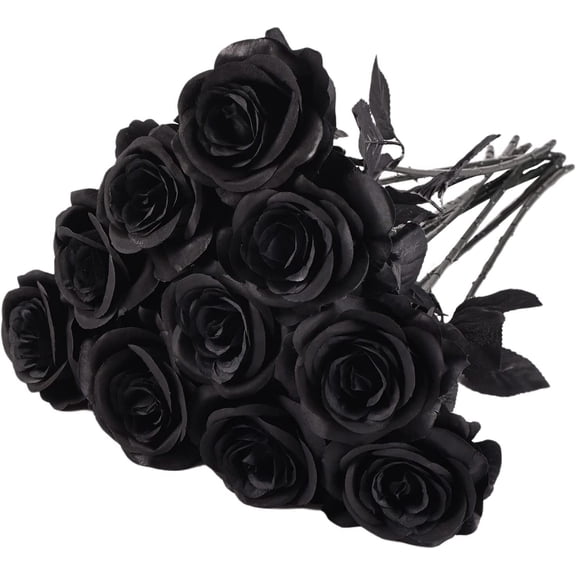Morttic 12PCS Artificial Single Silk Rose Flowers Fake Black Rose Stem Bouquet for DIY Arrangement Table Centerpiece Wedding Halloween Home Decoration, Black