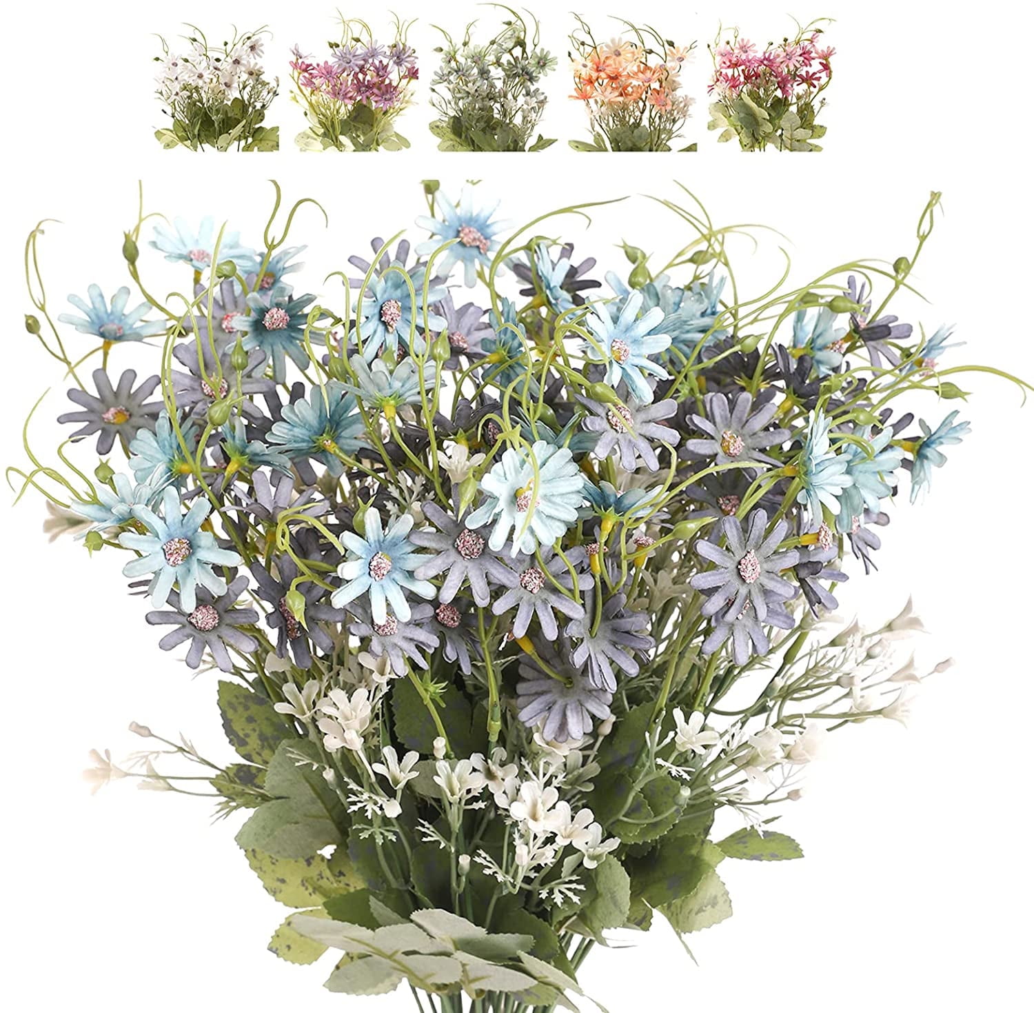 Morttic 12PCS Artificial Wildflowers Daisy Bundles Fake Silk Flowers Greenery Plastic Faux Plants UV Resistant Cemetery Floral for Grave Vase Arrangements Outdoor Decor (Blue)