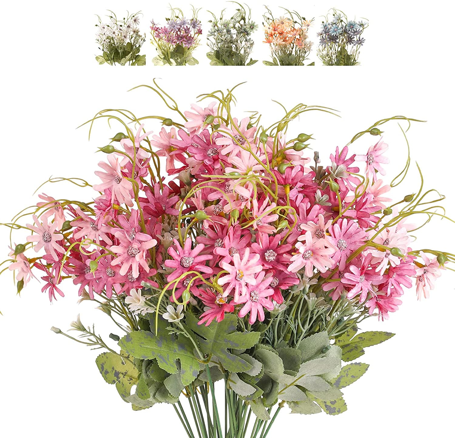 Morttic 12PCS Artificial Wildflowers Daisy Bundles Fake Silk Flowers Greenery Plastic Faux Plants UV Resistant Cemetery Floral for Grave Vase Arrangements Outdoor Decor (Pink)