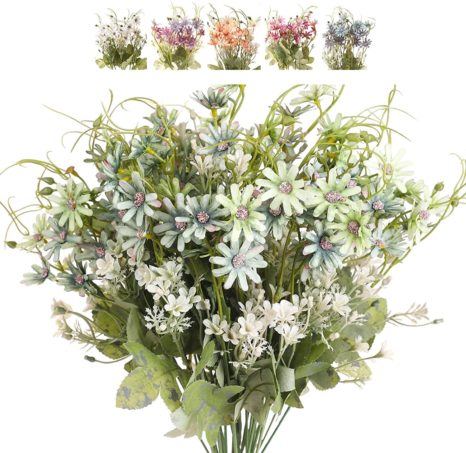 Morttic 12PCS Artificial Wildflowers Daisy Bundles Fake Silk Flowers Greenery Plastic Faux Plants UV Resistant Cemetery Floral for Grave Vase Arrangements Outdoor Decor (Green)