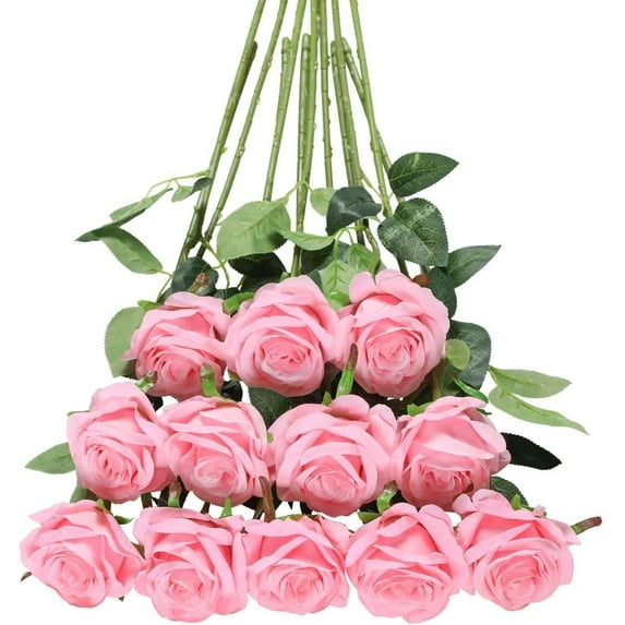 Morttic 12PCS Pink Rose Artificial Flower, Realistic Single Stem Fake Silk Rose Bouquet for Wedding Party Home Hotel Office Decor (Pink)