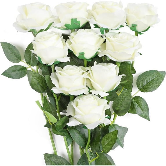 Morttic 12Pcs Artificial Roses Flowers, Realistic Blossom Roses, Real Touch Silk Rose, Single Fake Flower Long Stem Bouquets for Home Wedding Party Decoration (12Pcs, White)