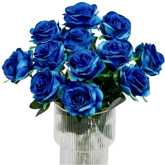 Morttic 12Pcs Gradient Blue Roses Artificial Flowers, Realistic Single Stem Flowers Silk Rose Bouquet for Wedding Party Office Home Decor (Gradient Blue)