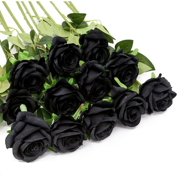 Morttic 12Pcs Roses Artificial Flowers Bulk Fake Silk Black Roses Bouquet with Long Stem, Faux Roses Flowers for Wedding Home Decorations Floral Arrangement Party Table Decor (Black)