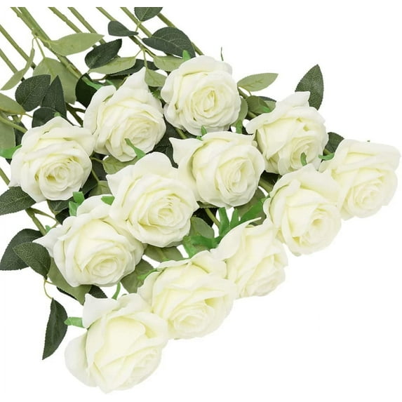 Morttic 12Pcs Roses Artificial Flowers Bulk Fake Silk Black Roses Bouquet with Long Stem, Faux Roses Flowers for Wedding Home Decorations Floral Arrangement Party Table Decor (White)