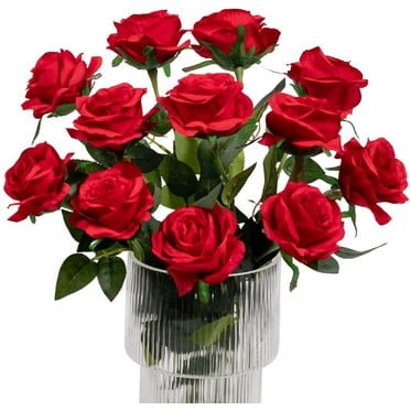 Morttic 12Pcs Roses Artificial Flowers Realistic Single Stem Flowers Silk Rose Bouquet for Wedding Party Office Home Decor (Red)