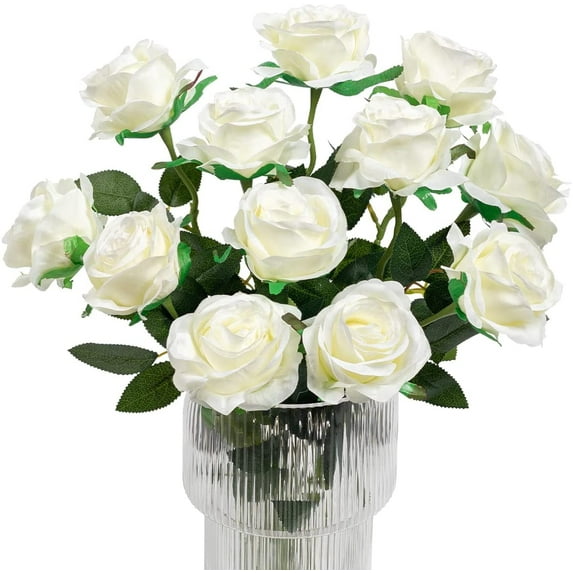 Morttic 12Pcs White Roses Artificial Flowers, Realistic Single Stem Flowers Silk Rose Bouquet for Wedding Party Office Home Decor (White)