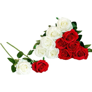 Morttic 12pcs Artificial Flowers Realistic Silk Rose Flower Bouquet Long Stems Faux Flowers Color Mixing Home Wedding Party Decor(Red & White)