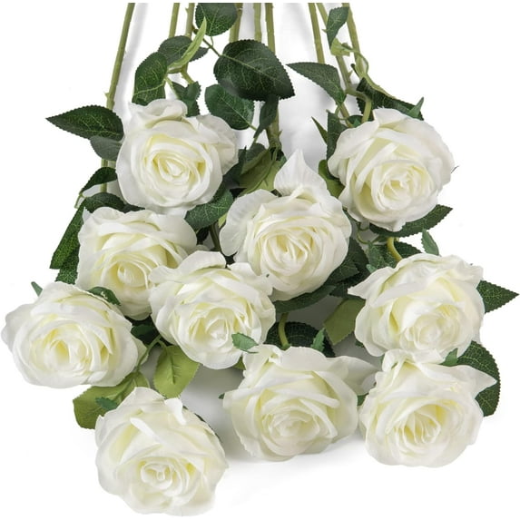 Morttic 12pcs White Silk Roses Artificial Rose Flowers Long Stem for DIY Wedding Bouquet Table Centerpiece Home Decor