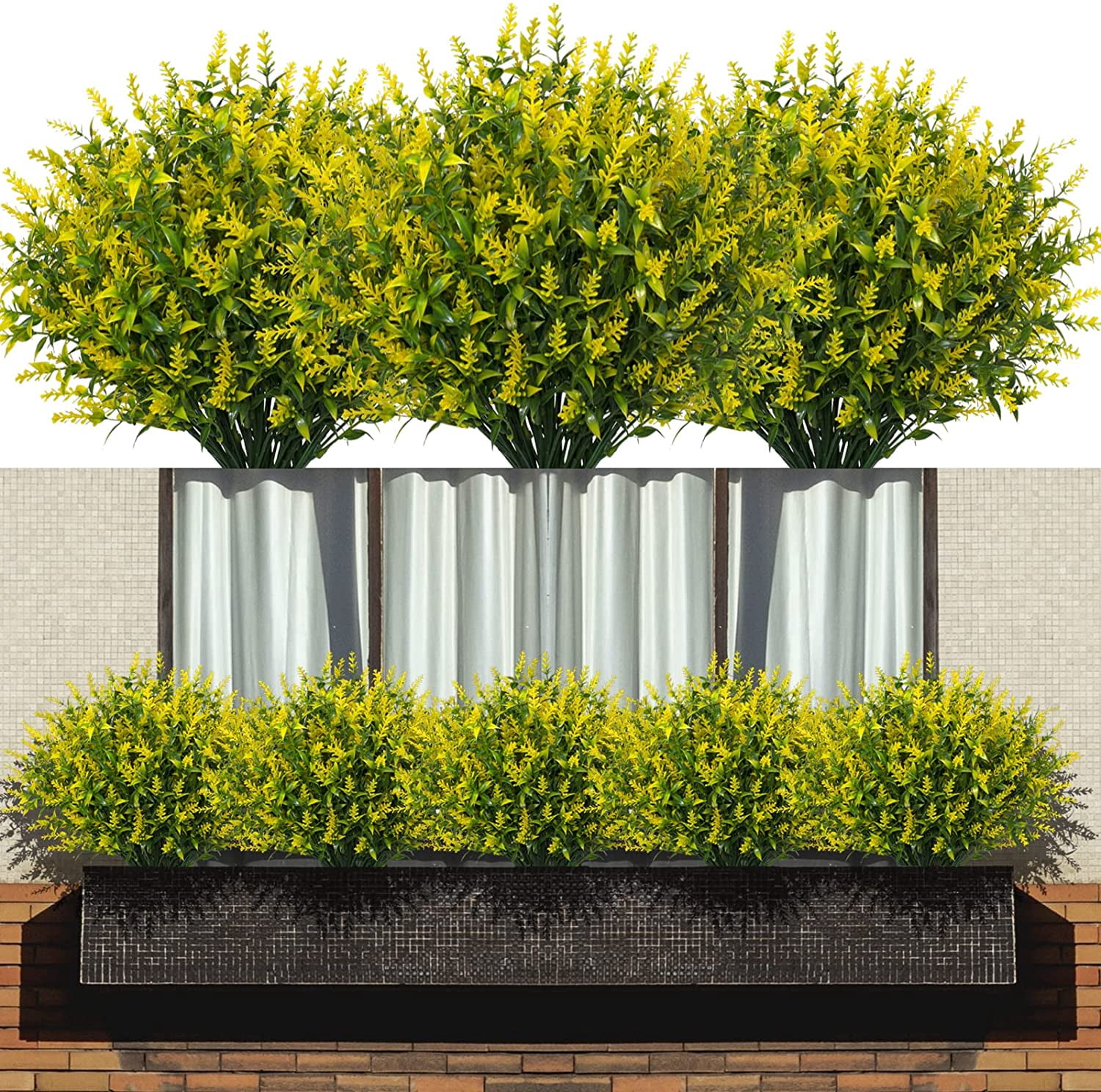 Morttic 16 Bundles Artificial Lavender Flowers, Fake Flowers Outdoor UV Resistant Artificial Flowers Faux Plastic Shrubs for Outside Porch Vase Home Window Decoration (Yellow)