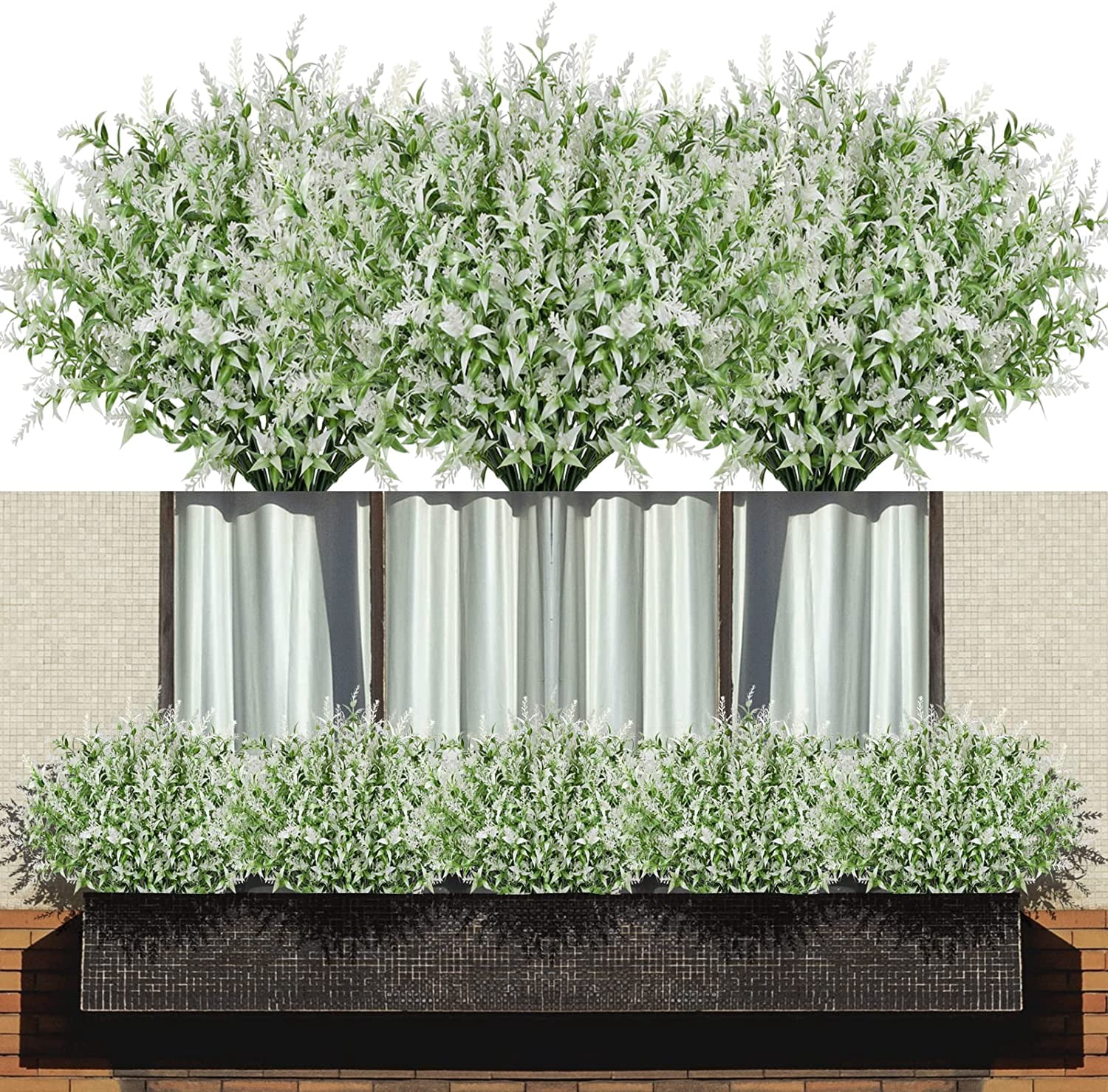 Morttic 16 Bundles Artificial Lavender Flowers, Fake Flowers Outdoor UV Resistant Artificial Flowers Faux Plastic Shrubs for Outside Porch Vase Home Window Decoration (White)