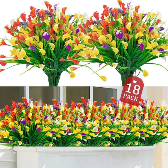 Morttic 18 Pcs Calla Lily Artificial Flowers Plants Indoor Outdoor Decorations,UV Resistant Faux Fake Plants Plastic Spring Flower Outside Hanging Planter Home Kitchen Garden Porch (Mixed)