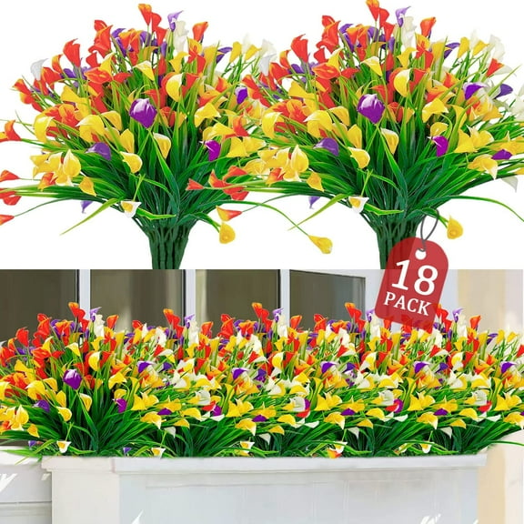 Morttic 18 Pcs Calla Lily Artificial Flowers Plants Indoor Outdoor Decorations,UV Resistant Faux Fake Plants Plastic Spring Flower Outside Hanging Planter Home Kitchen Garden Porch (Mixed)