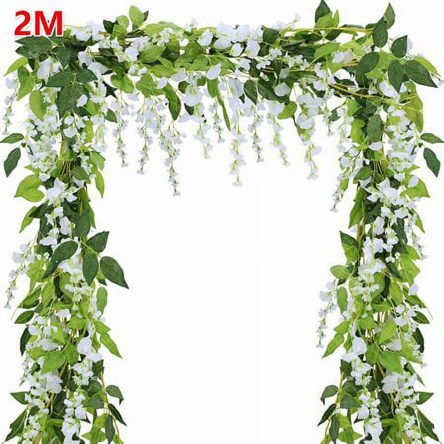 Morttic 1pc Artificial Flowers Silk Wisteria Garland Vine Rattan Hanging for Home Garden Outdoor Ceremony Wedding Arch Floral Decor, White