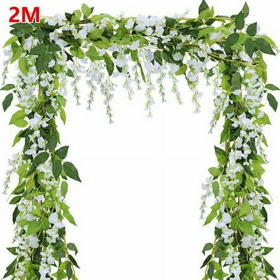 Morttic 1pc Artificial Flowers Silk Wisteria Garland Vine Rattan Hanging for Home Garden Outdoor Ceremony Wedding Arch Floral Decor, White
