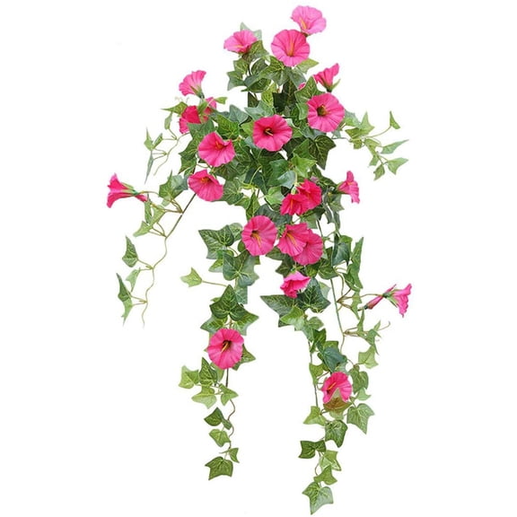 Morttic 1x Artificial Hanging Flower,Fake Plastic Faux Flower Morning Glory Fabric Vine Petunia for Indoor Outdoor Garden Porch Eave Wedding Wall Decor (Rose Red)