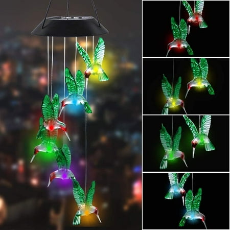 Morttic 2 PACK Solar Hummingbird Wind Chime, Color Changing Mobile LED Solar Wind Chime Outdoor Mobile Hanging Patio Light, Porch, Deck, Garden Decor