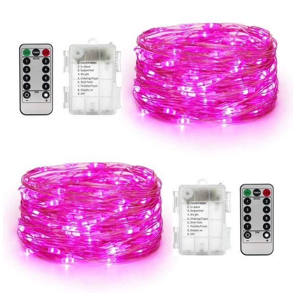 Morttic 2 Set Battery Operated Fairy Lights , 33FT 100 LED Copper Wire String Lights with Remote Control Timer 8 Modes for Garden, Christmas Party, Indoor and Outdoor Decor,Pink