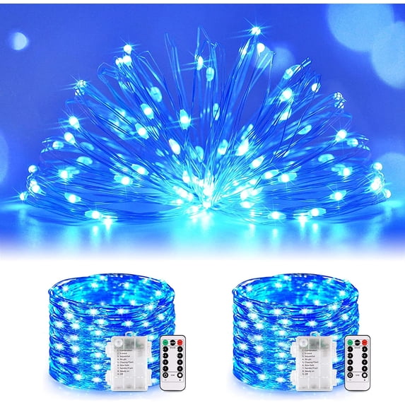 Morttic 2 Pack 100 LED Fairy Lights Battery Operated, 33Ft Fairy String Lights with Remote, 8 Modes Copper Wire Twinkle Lights for Home Bedroom Patio Indoor Outdoor Decor (Blue)