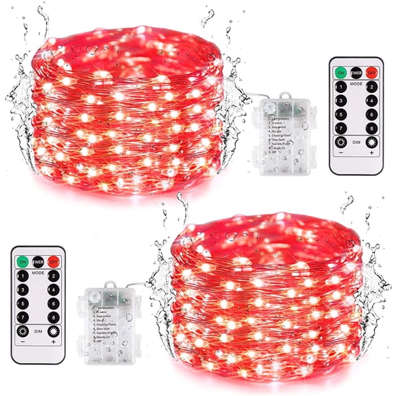 Morttic 2 Pack 100 LED Fairy Lights Battery Operated, 33Ft Fairy String Lights with Remote, 8 Modes Copper Wire Twinkle Lights for Home Bedroom Patio Indoor Outdoor Decor (Red)