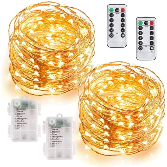 Morttic 2 Pack 33Ft 100 LED Fairy Lights Battery Operated, String Lights with 8 Modes Remote Control Timer Waterproof Copper Wire Twinkle Lights for Bedroom Wedding Party Christmas Decor, Warm White