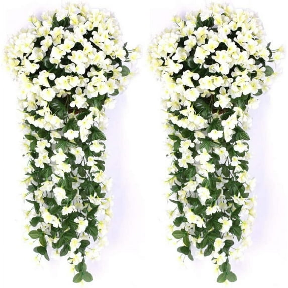 Morttic 2 Pack Artificial Hanging Flowers, Fake Hanging Plants Colorful Orchid Flower Bouquet for Wall Home Room Garden Wedding Indoor Outdoor Decoration (White)