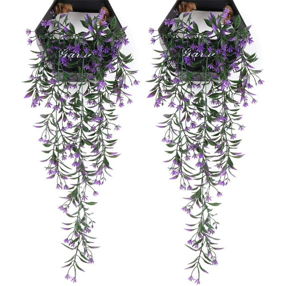 Morttic 2 Pack Fake Vines Hanging Plants, Artificial Vine Ivy for Bedroom Wall Decor with Leaves Flowers, Plastic Grass Garland Home Garden Outdoor Window Box Indoor Party Wedding Decorations - Purple