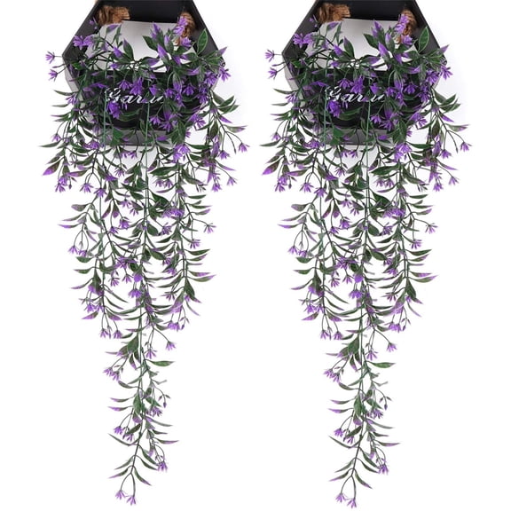 Morttic 2 Pack Fake Vines Hanging Plants, Artificial Vine Ivy for Bedroom Wall Decor with Leaves Flowers, Plastic Grass Garland Home Garden Outdoor Window Box Indoor Party Wedding Decorations - Purple