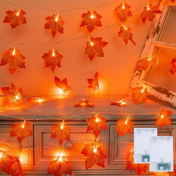 Morttic 2 Pack Thanksgiving Decorations Fall Leaves Garland with Lights,Total 20FT 40 Led Maple Leaf String Lights,Battery Operated Fall Lights for Indoor Outdoor Autumn Christmas Halloween