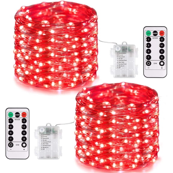 Morttic 2 Set Battery Operated Christmas Fairy Lights, 8 Modes Remote Control Twinkle Lights with Timer 16ft 50LED Fairy String Lights for Home Party Bedroom Garden Decor,Red